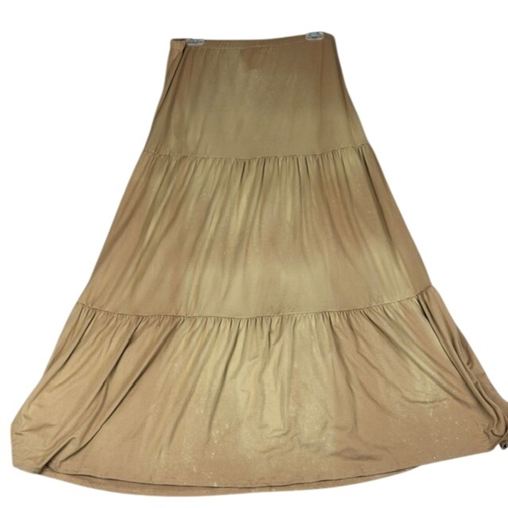 P&Rose Women Camel Distressed Tiered Maxi Skirt Large Boho Flowy Jersey NEW